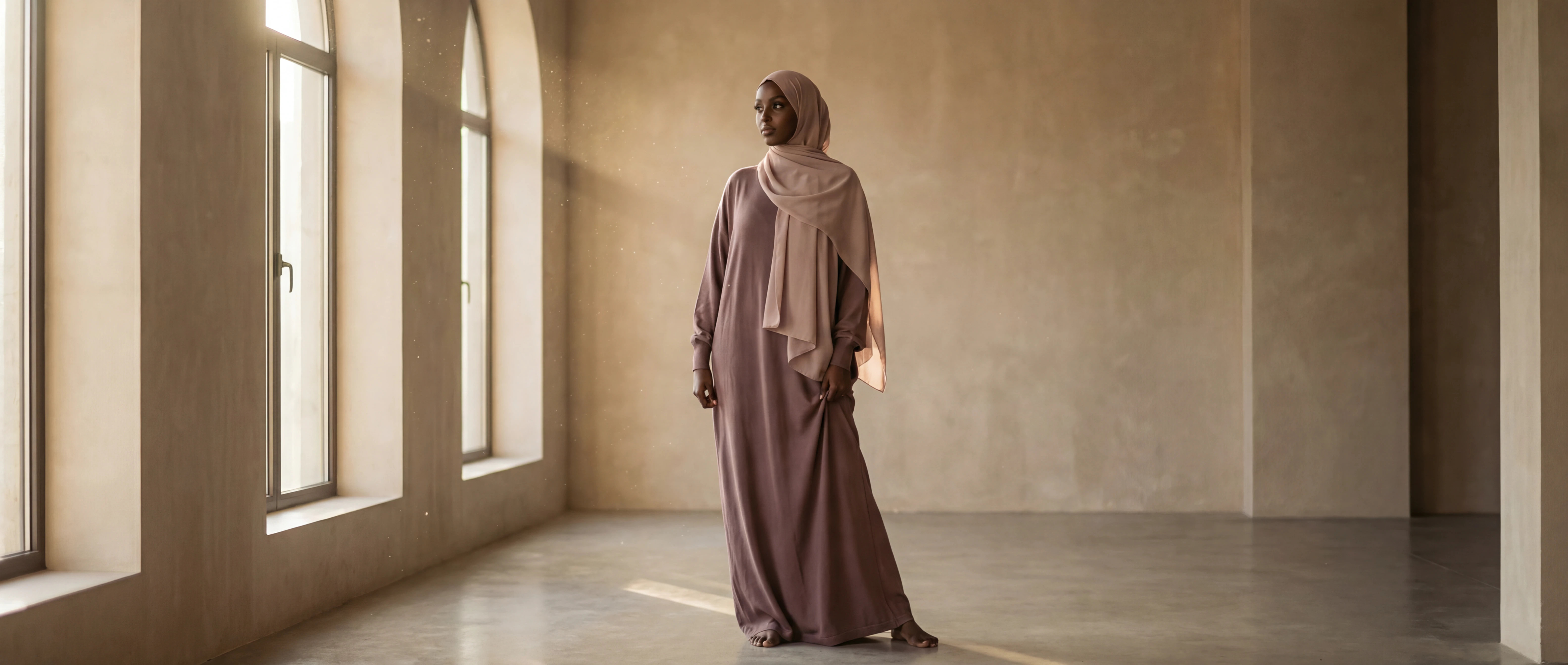 Model in dusty mauve Strickkleid mit pashmina-rosa Hijab in sonnendurchflutetem Atelier